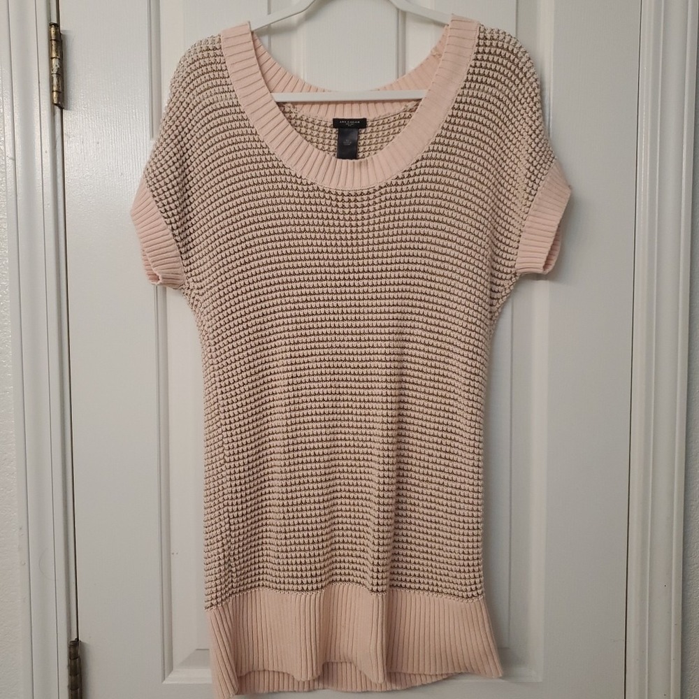 Ann Taylor Pink and Gold Cotton Blend Long Line Short Sleeve Sweater XL